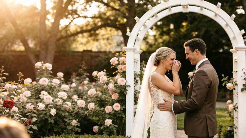Emotional wedding first look in a garden before the ceremony