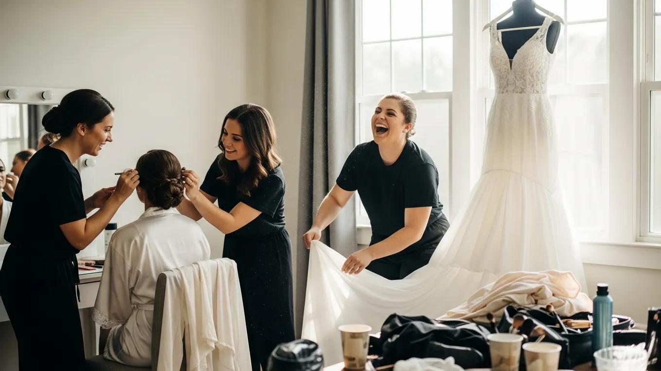 Bridesmaids helping the bride get ready, capturing candid moments of joy and anticipation