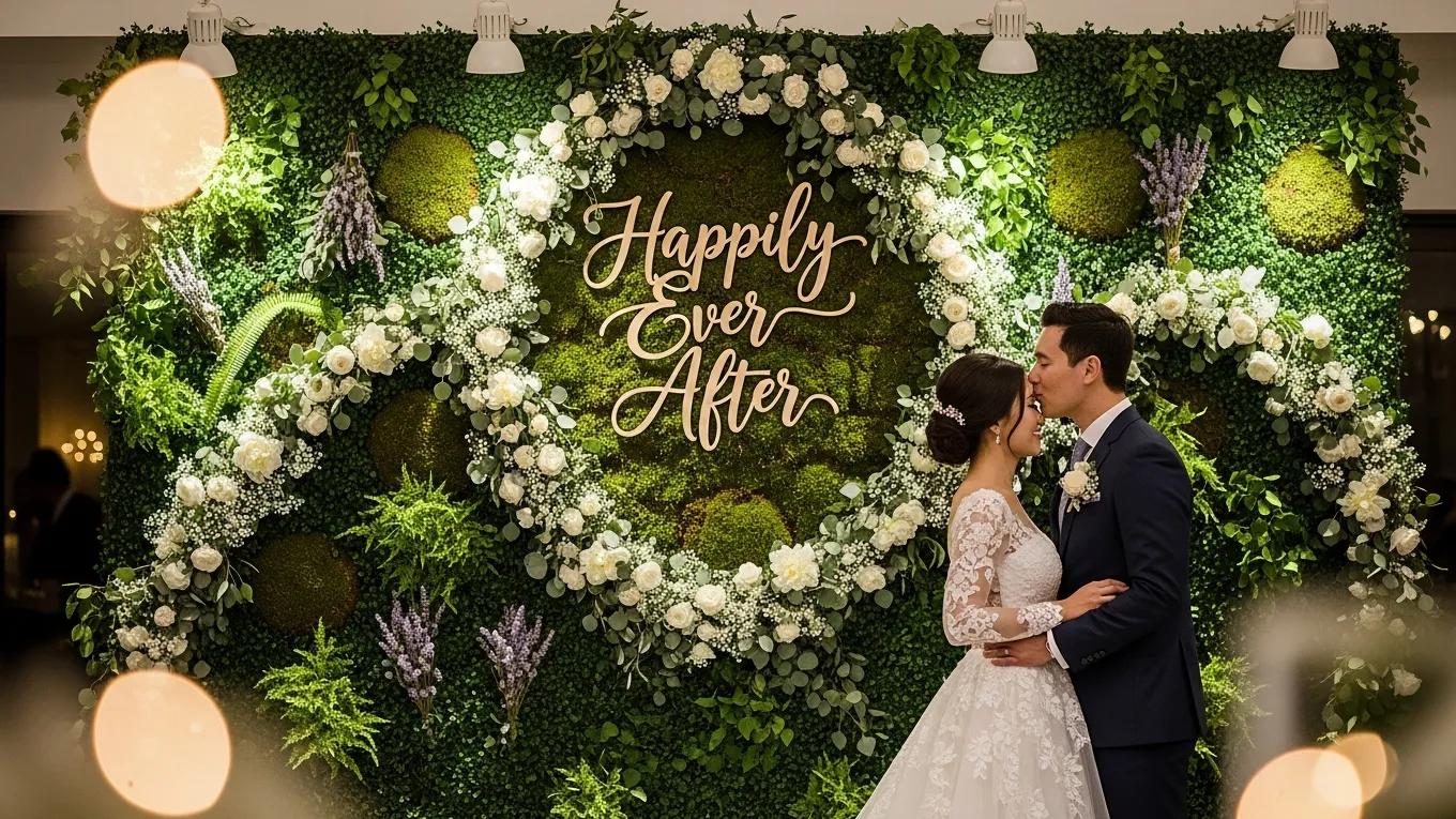 Couple posing in front of a lush greenery wall, a popular wedding backdrop for social media content