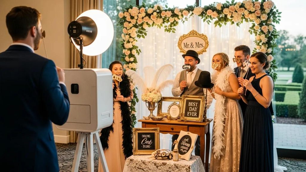 Elegant photo booth rental setup at a North Carolina wedding, showcasing stylish props and a joyful atmosphere
