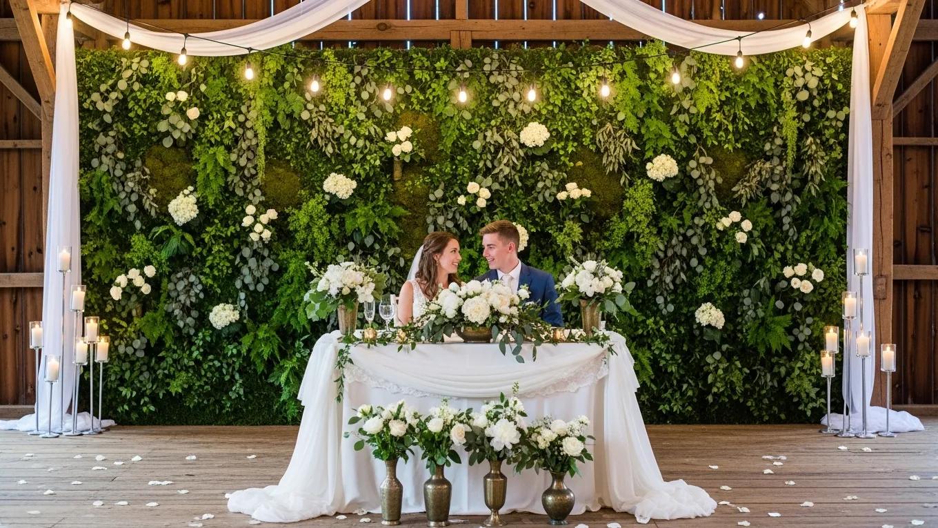 Elegant wedding decor with a lush greenery wall backdrop in a rustic barn setting