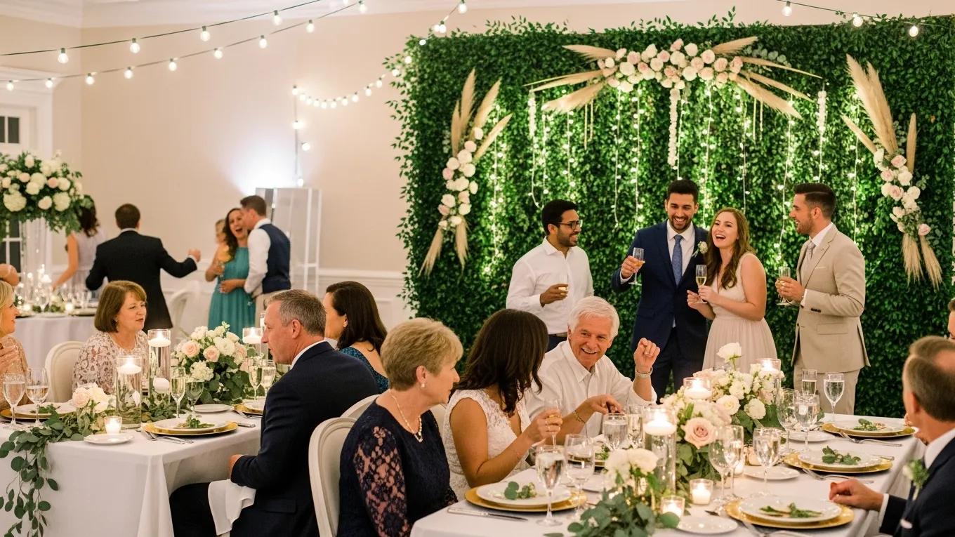 Elegant wedding reception with a lush greenery wall backdrop enhancing the celebration