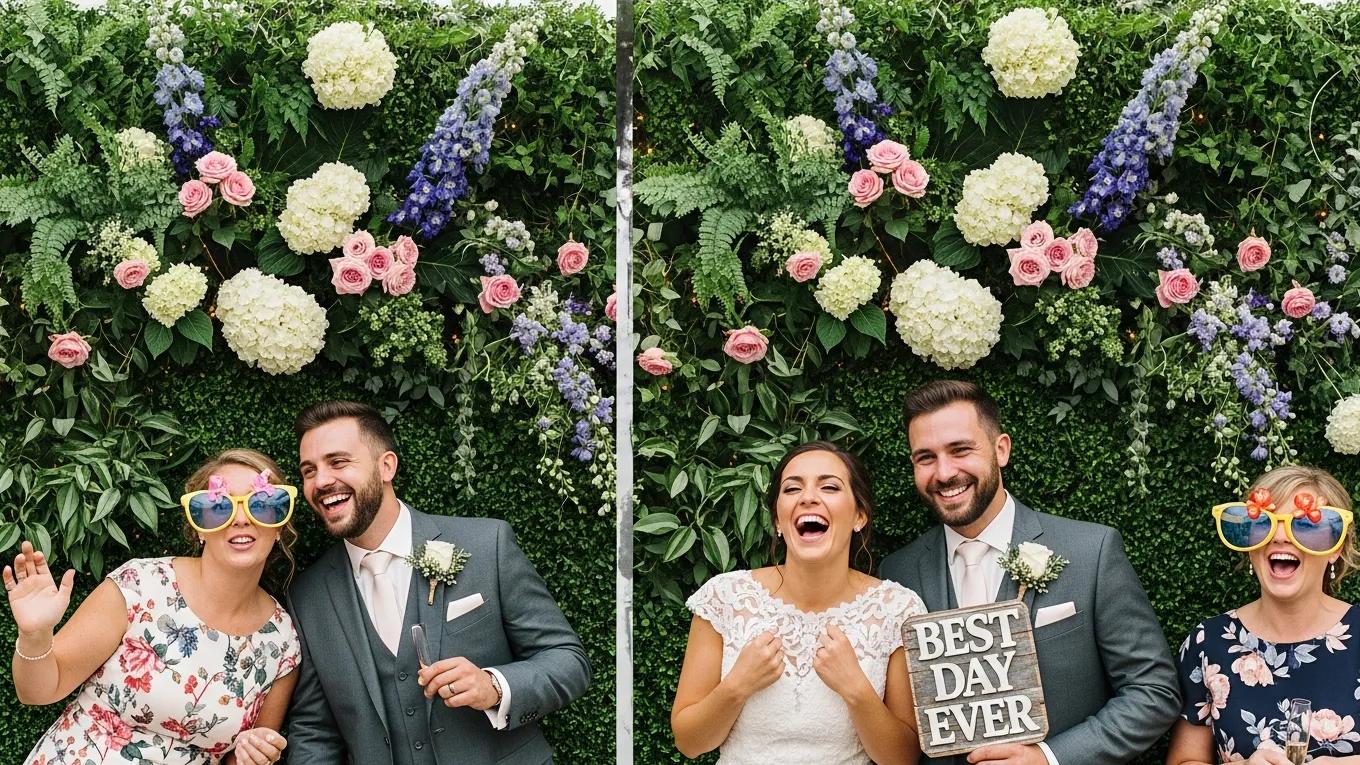 Lush greenery wall backdrop at a wedding photo booth, enhancing the photo experience with vibrant natural elements