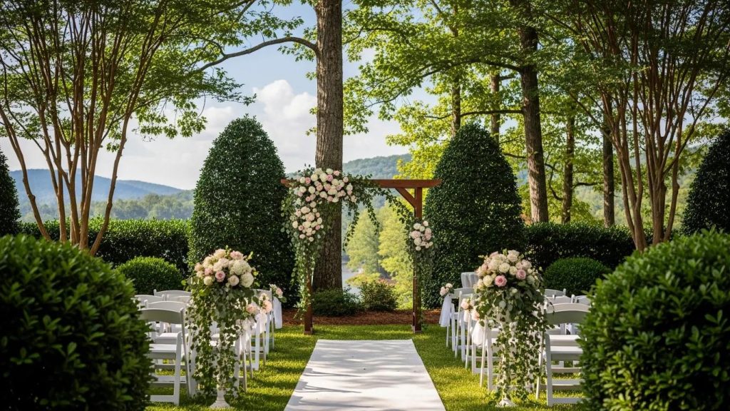 Stunning outdoor wedding setup in North Carolina showcasing lush greenery and elegant decorations
