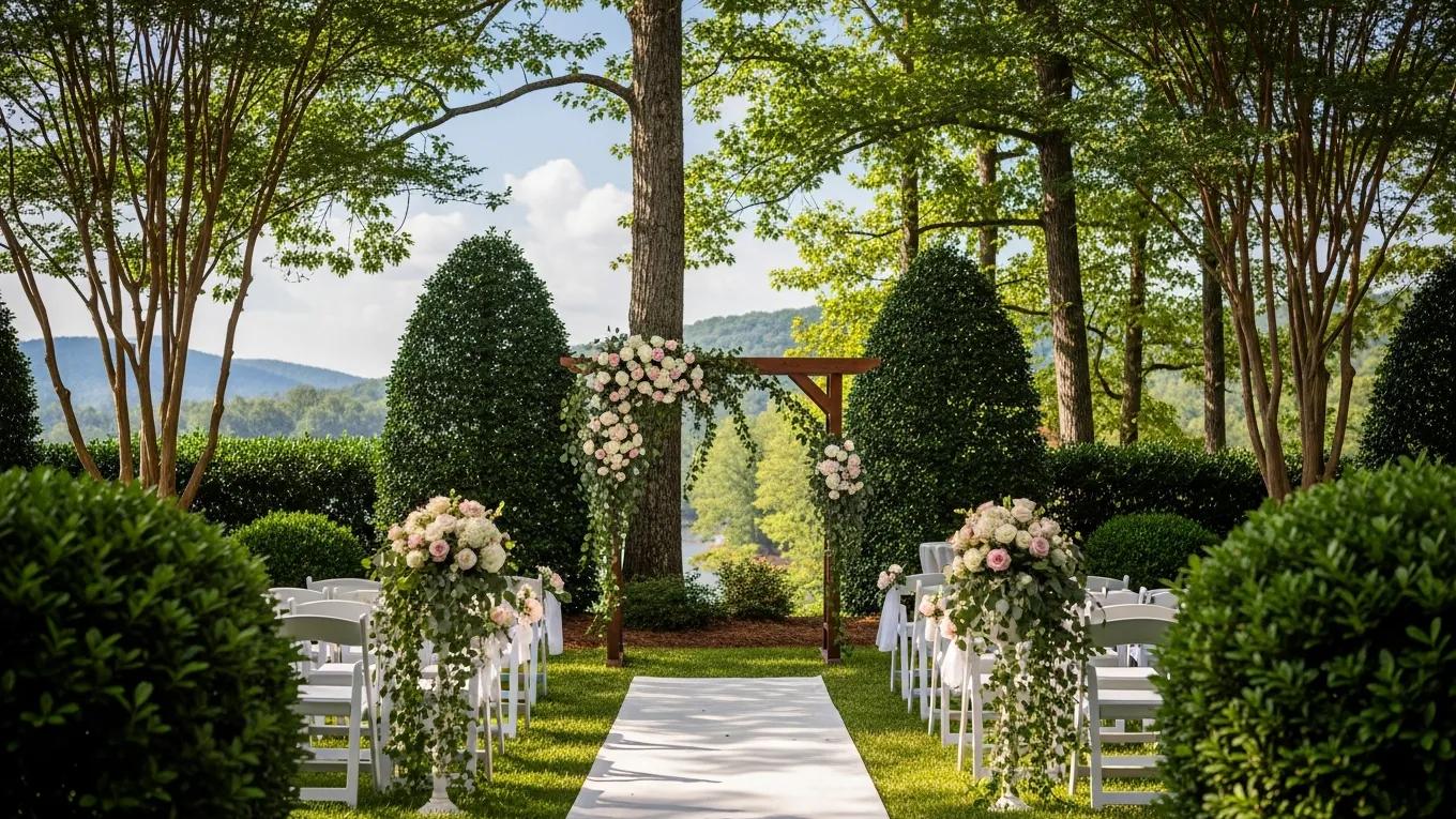 Stunning outdoor wedding setup in North Carolina showcasing lush greenery and elegant decorations