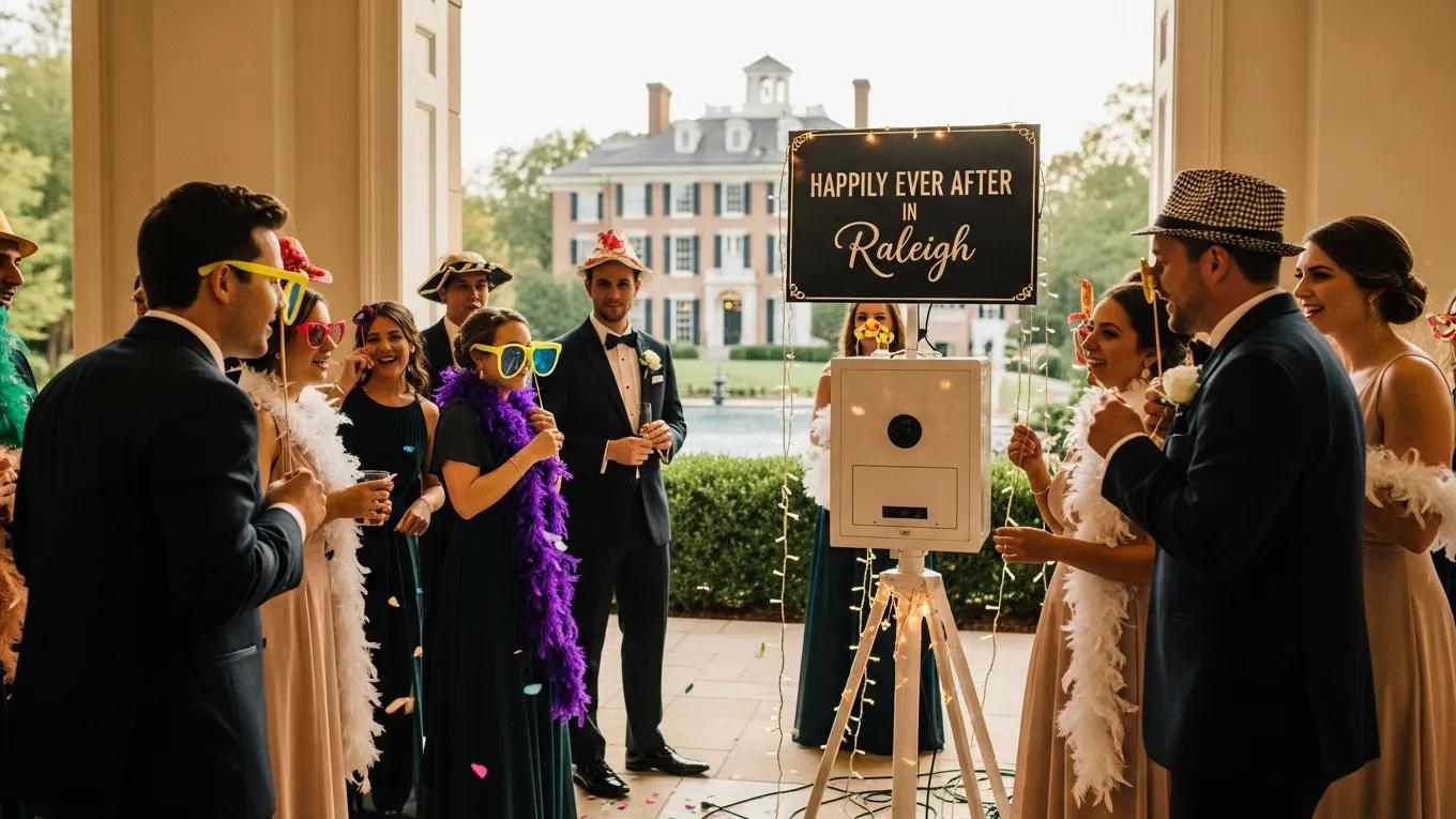 Vibrant wedding photo booth scene in Raleigh, showcasing guests enjoying the photo experience in an elegant setting