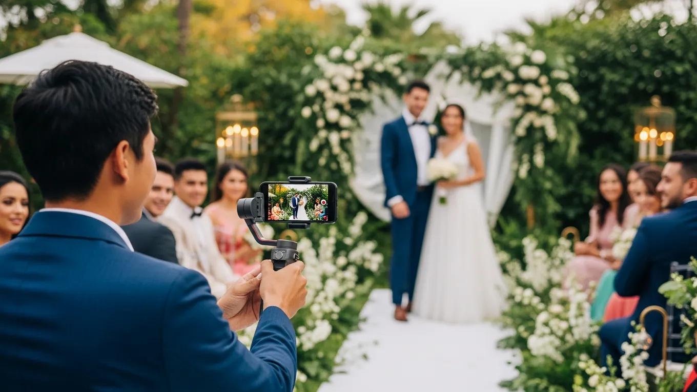 Wedding content creator capturing a couple's special moment with a smartphone in a lush wedding setting